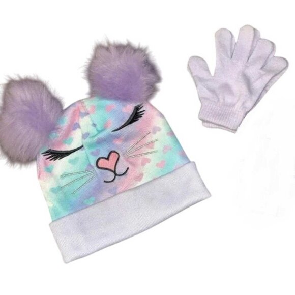 Miss Gwen OMG Girl's Bella Hearts Printed Pom Pom Beanie & Gloves Set (4446) - Picture 1 of 12